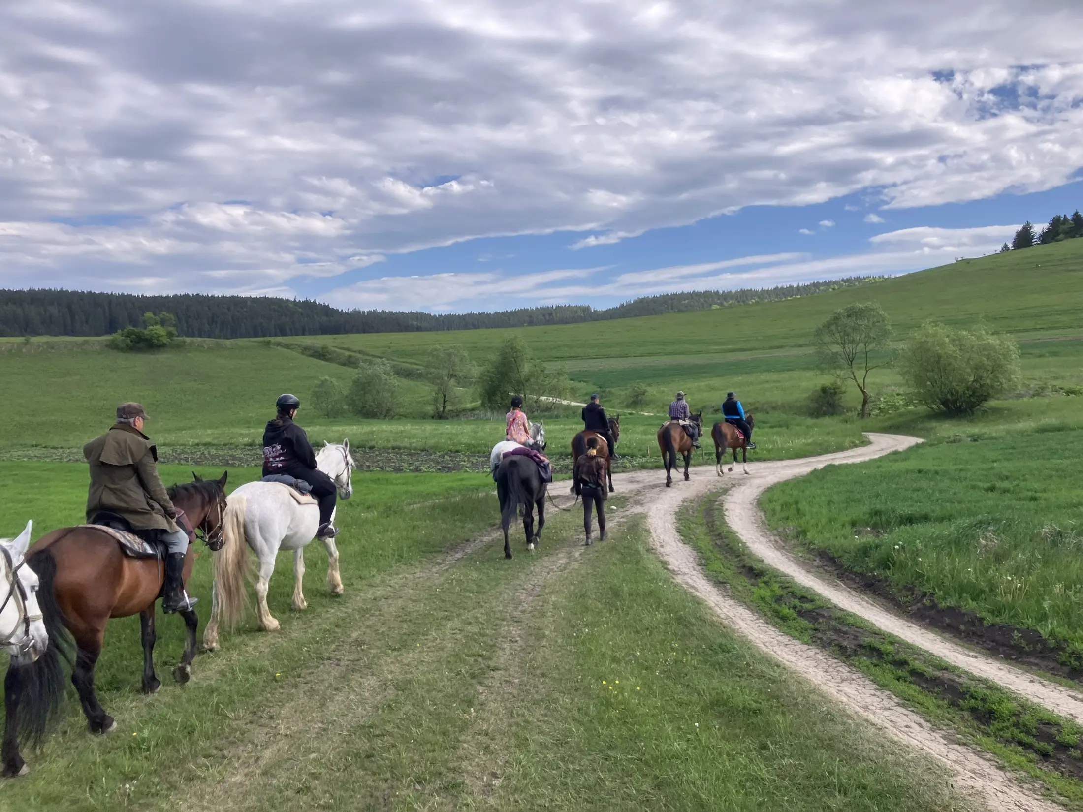 Rider crossing rolling Transylvanian hills